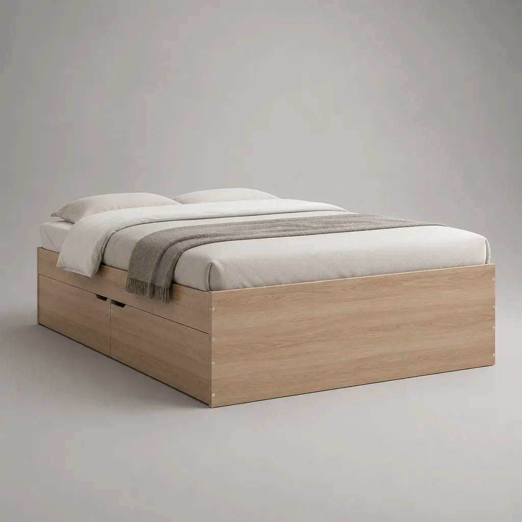 Stauraumbett Doppelbett aus Spanplatte mit 2 Schubladen, Eiche natur, 160 × 200 cm