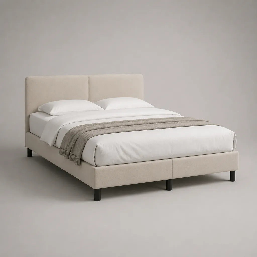 Polsterbett Doppelbett mit Polyesterbezug, Kopfteil und Lattenrost, Beige/Schwarz, 160 × 200 cm