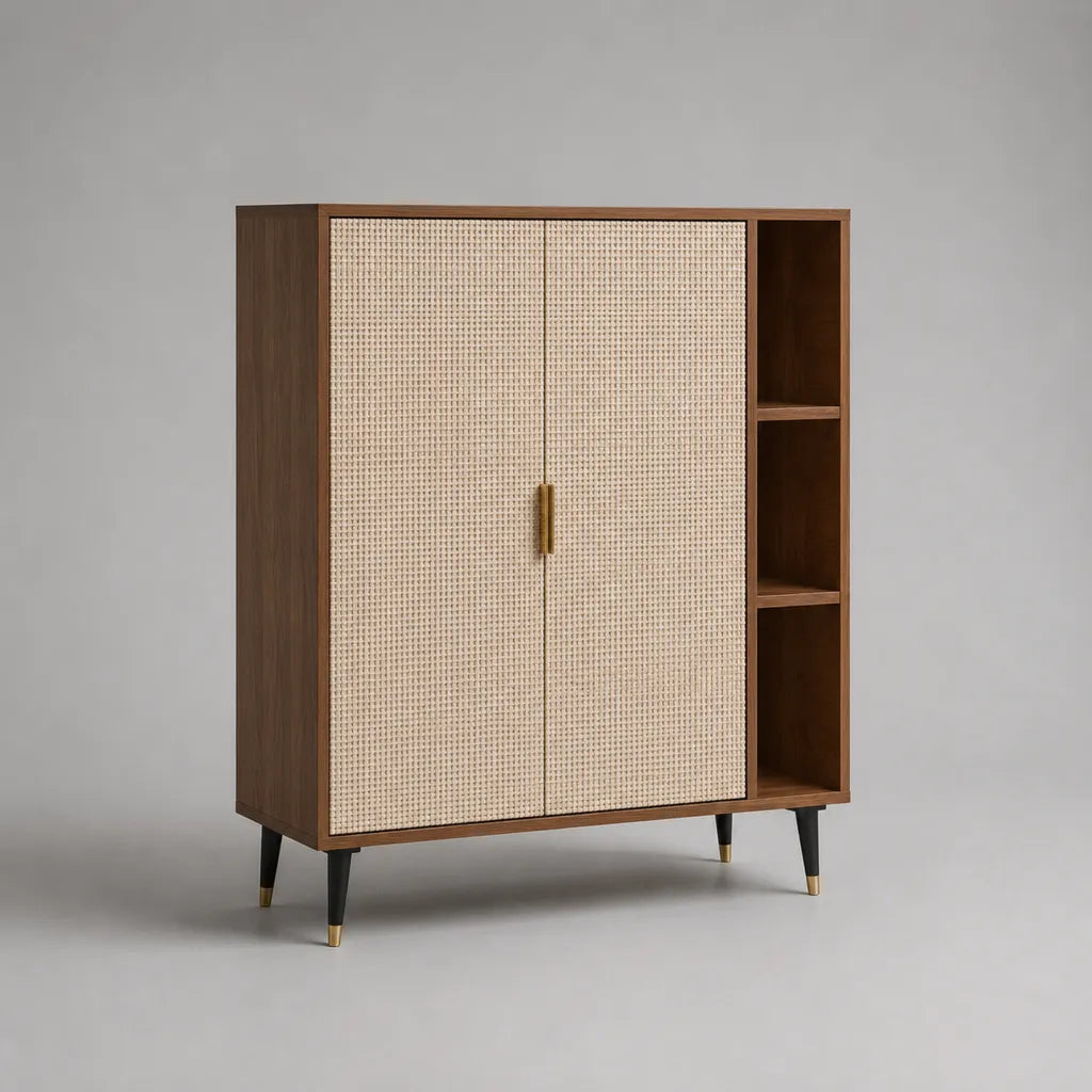 Highboard mit 2 Türen und 3 offenen Fächern aus MDF, Walnussfurnier und Rattangeflecht, Braun/Natur, 100 × 40 × 120 cm