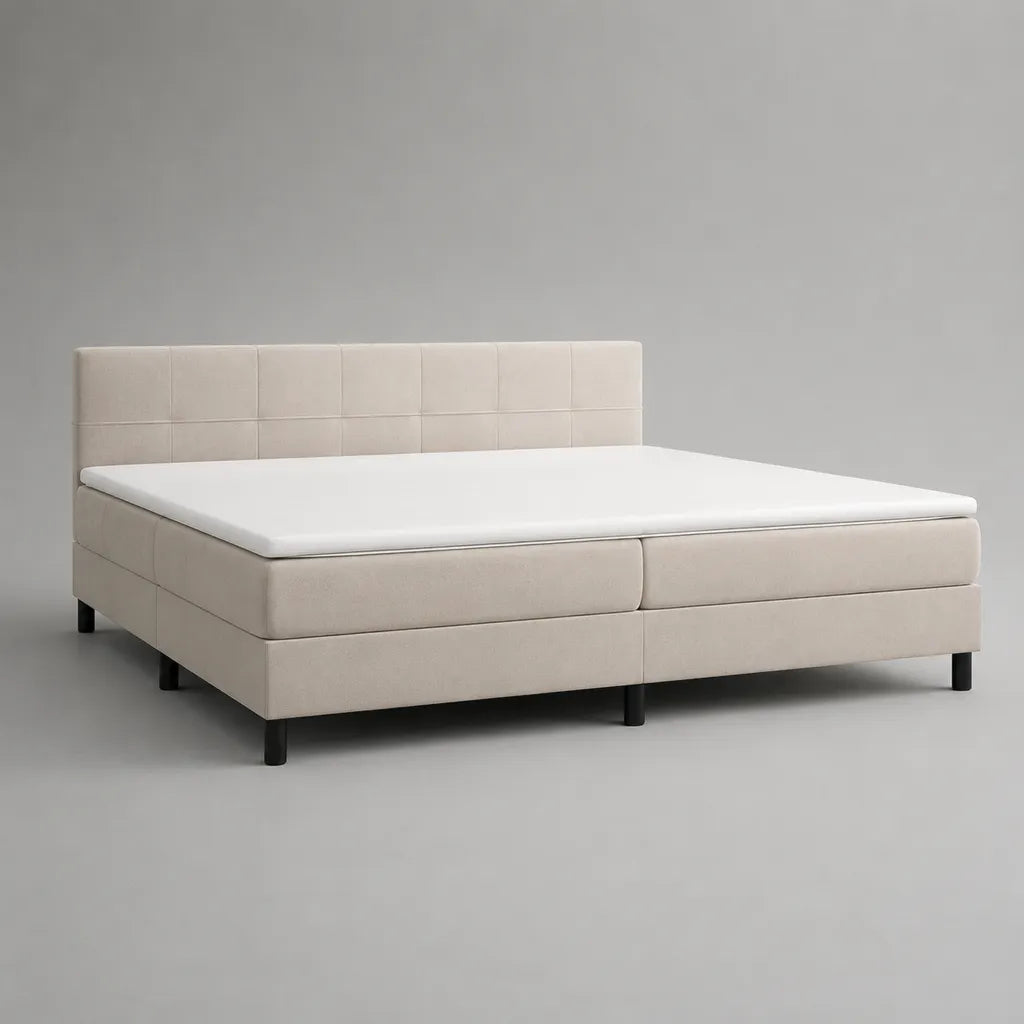 Boxspringbett-Set 180 × 200 cm mit Stoffbezug, Topper und gepolstertem Kopfteil, Beige und Weiß