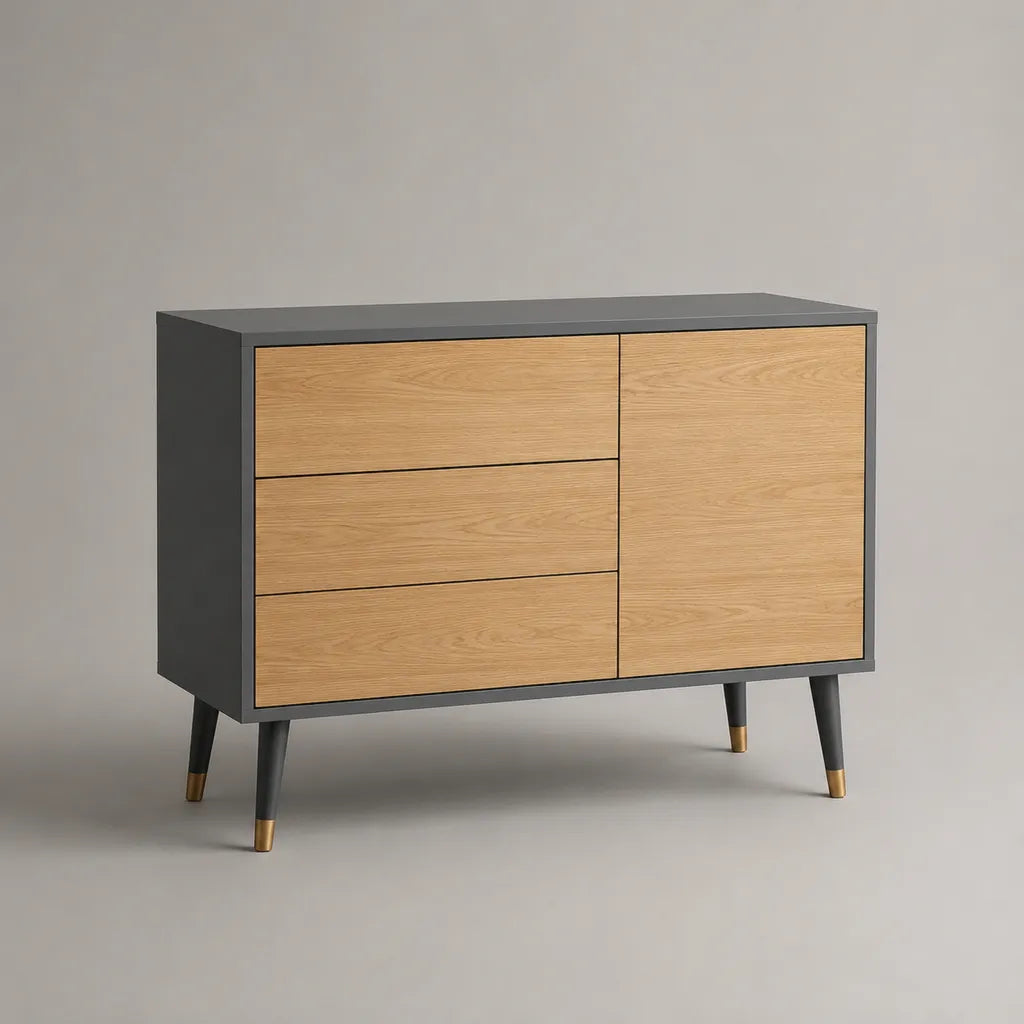 Sideboard mit 3 Schubladen und 1 Tür aus MDF und Eichenfurnier, Anthrazit/Eiche natur, 120 × 40 × 90 cm