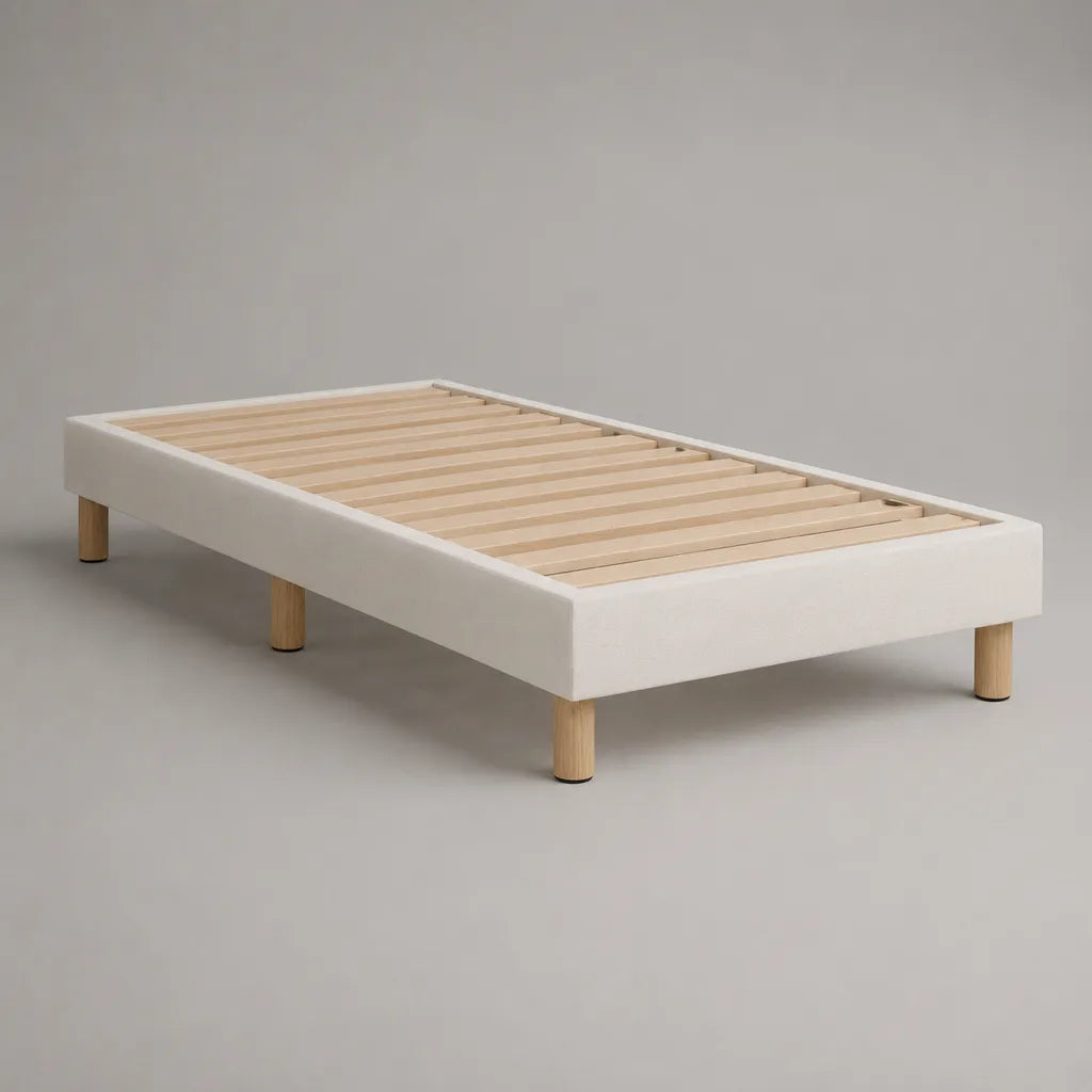 Polsterbett Einzelbett mit Lattenrost aus Polyester und Kiefer, Creme/Natur, Liegefläche 90 x 200 cm, Gesamtmaß 206 x 96 x 30 cm