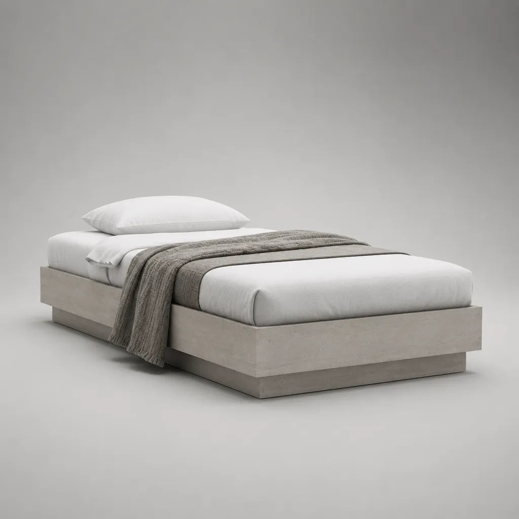 Bettgestell 160 × 200 cm aus melaminbeschichteter Spanplatte, Betongrau/Grau, ohne Kopfteil, Außenmaß 206 × 166 × 35 cm