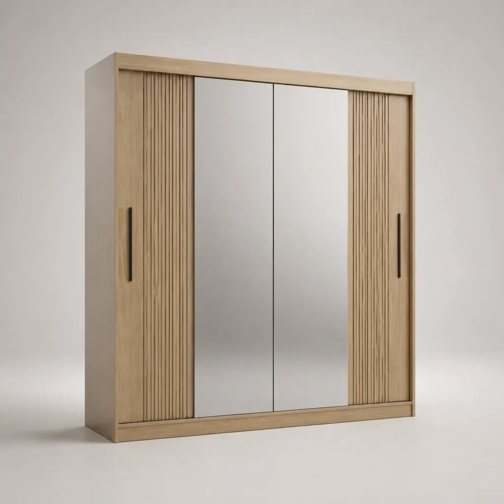 Schwebetürenschrank mit Spiegel und Lamellenfront aus Spanplatte und MDF, Eiche Natur, Schwarz und Silber, 200 × 60 × 220 cm
