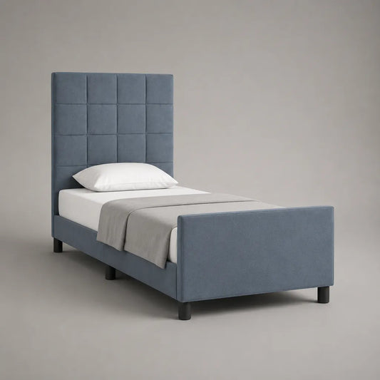 Polsterbett 90 x 200 cm mit hohem gestepptem Kopfteil und Fußteil, Polyester-Samt, Blaugrau
