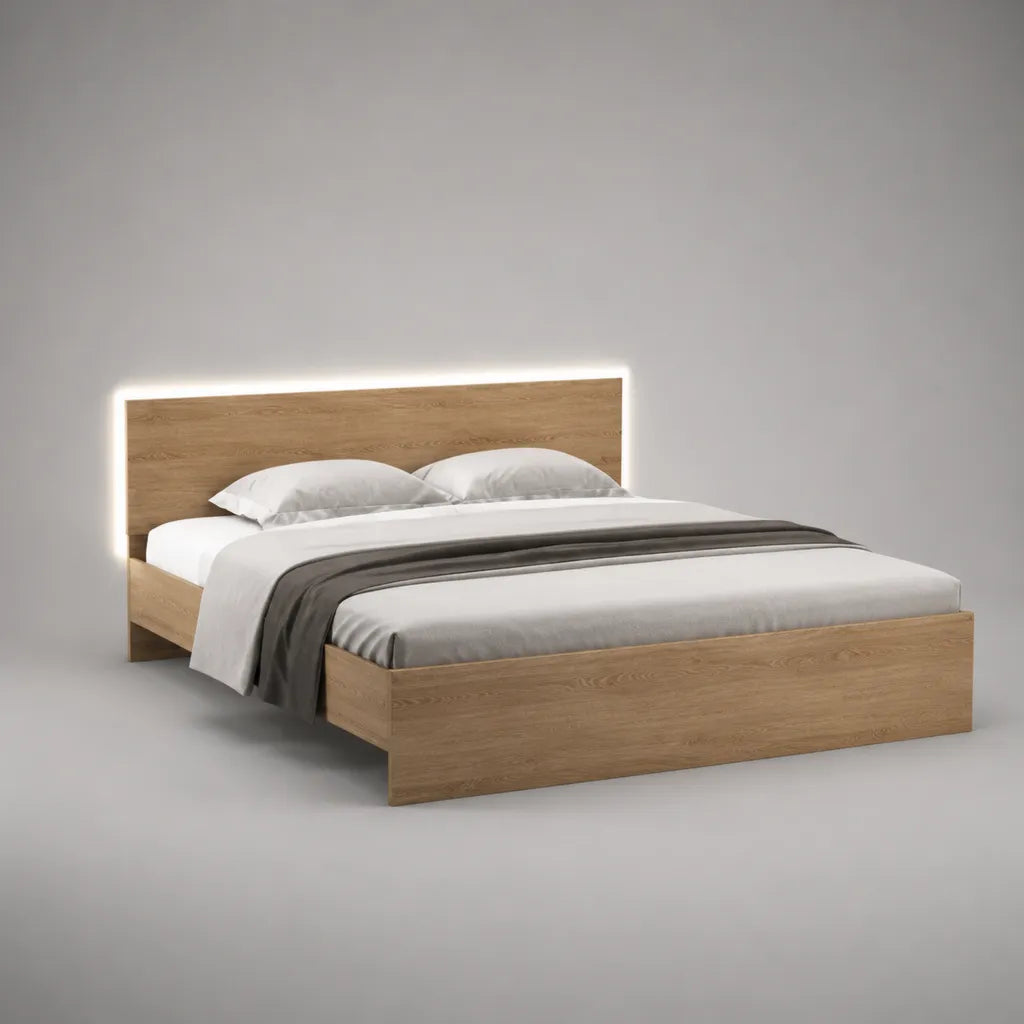Doppelbett-Bettgestell aus Holzwerkstoff mit LED-Beleuchtung, Eichefarben, Liegefläche 180 x 200 cm