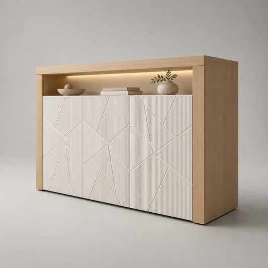 Rechteckiges Sideboard mit LED-Beleuchtung aus MDF und Spanplatte, Hell-Eiche und Weiß, 160 × 40 × 130 cm