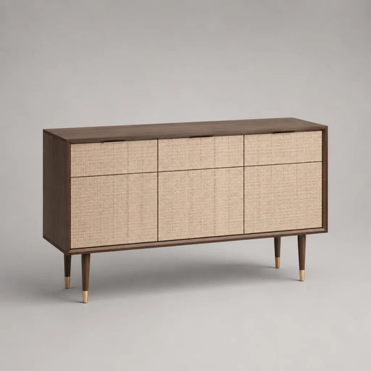 Sideboard mit 3 Türen und 3 Schubladen aus MDF mit Walnussfurnier und Rattangeflecht, Dunkelbraun/Naturfarben, 150 × 40 × 80 cm