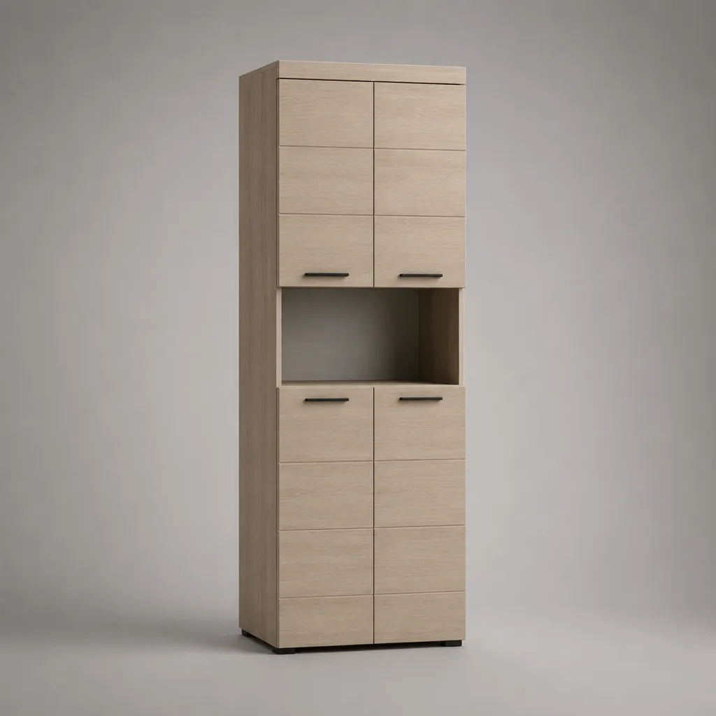 Hochschrank aus Spanplatte mit 4 Türen und offenem Fach, Eiche hell und Schwarz, 60 × 35 × 190 cm