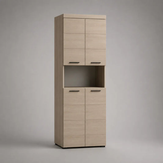 Hochschrank aus Spanplatte mit 4 Türen und offenem Fach, Eiche hell und Schwarz, 60 × 35 × 190 cm
