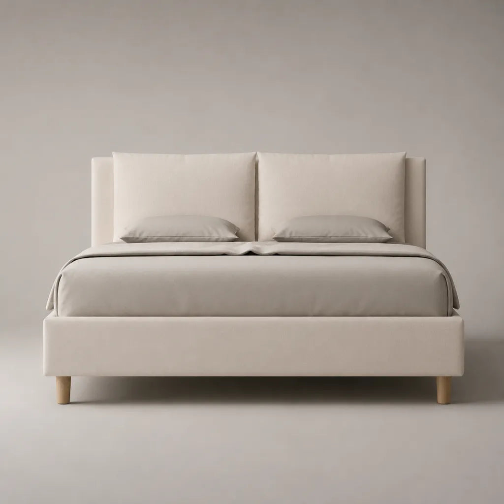 Polsterbett Doppelbett mit hohem Kopfteil, Polyesterbezug und Massivholzfüßen, Beige/Natur, Liegefläche 160 × 200 cm