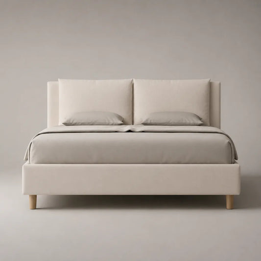 Polsterbett Doppelbett mit hohem Kopfteil, Polyesterbezug und Massivholzfüßen, Beige/Natur, Liegefläche 160 × 200 cm