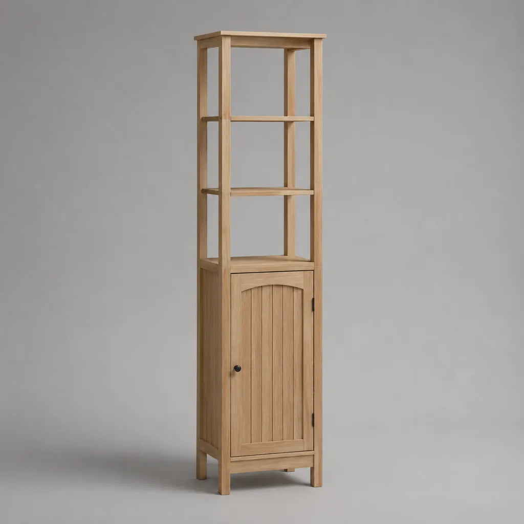 Hochschrank mit offenem Regal aus massivem Kiefernholz, Naturholz und Schwarz, 40 × 30 × 160 cm