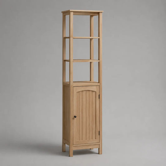 Hochschrank mit offenem Regal aus massivem Kiefernholz, Naturholz und Schwarz, 40 × 30 × 160 cm