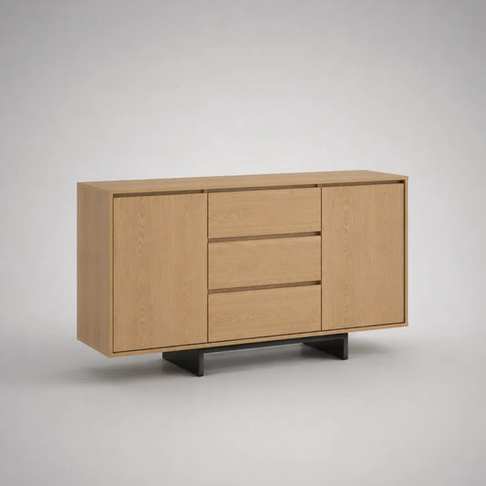 Sideboard mit 2 Türen und 3 Schubladen, Eichenfurnier, MDF und Stahlgestell, Hellbraun/Schwarz, 140 × 40 × 80 cm