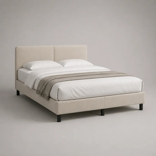Polsterbett Doppelbett mit Polyesterbezug, Kopfteil und Lattenrost, Beige/Schwarz, 160 × 200 cm