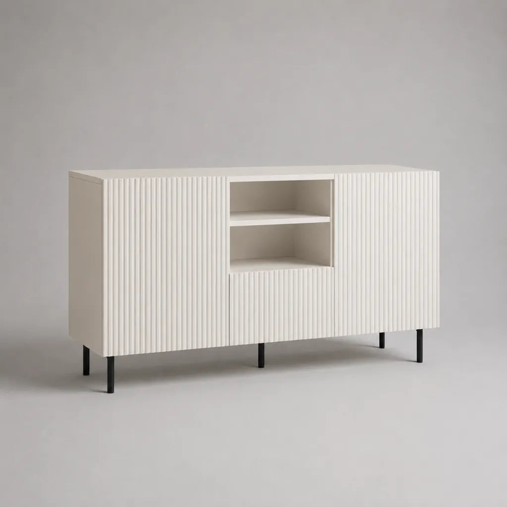 Sideboard aus MDF mit 3 Türen, 2 offenen Fächern und geriffelten Fronten, Weiß/Schwarz, 160 × 40 × 80 cm