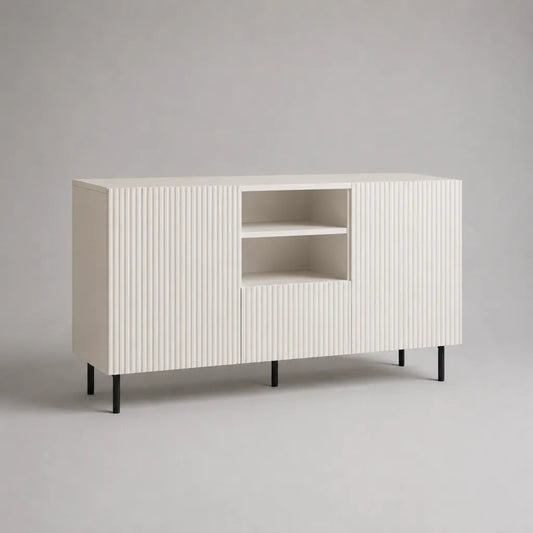 Sideboard aus MDF mit 3 Türen, 2 offenen Fächern und geriffelten Fronten, Weiß/Schwarz, 160 × 40 × 80 cm