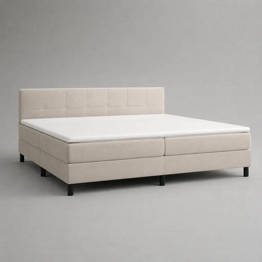 Boxspringbett-Set 180 × 200 cm mit Stoffbezug, Topper und gepolstertem Kopfteil, Beige und Weiß