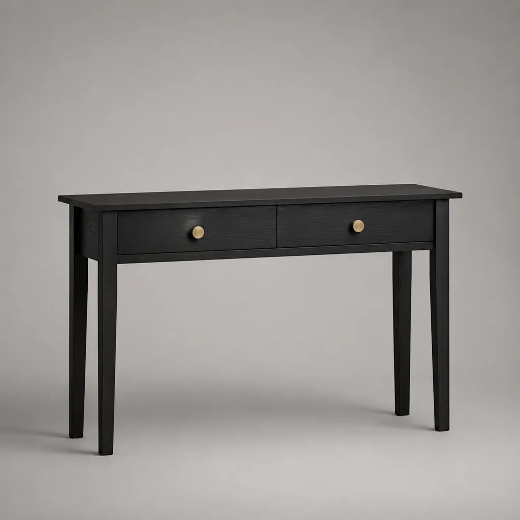 Konsolentisch aus MDF und Massivkiefer mit 2 Schubladen, Schwarz und Goldfarben, 100 × 35 × 80 cm