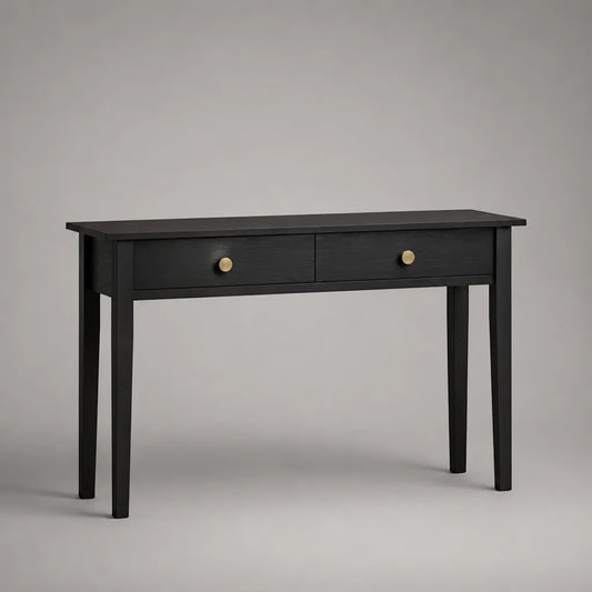 Konsolentisch aus MDF und Massivkiefer mit 2 Schubladen, Schwarz und Goldfarben, 100 × 35 × 80 cm