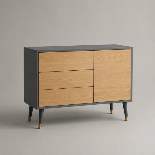 Sideboard mit 3 Schubladen und 1 Tür aus MDF und Eichenfurnier, Anthrazit/Eiche natur, 120 × 40 × 90 cm
