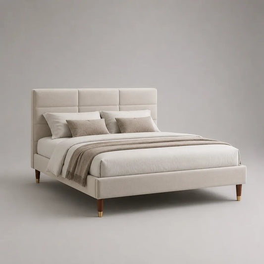Polsterbett 160 × 200 cm, Doppelbett mit gepolstertem Kopfteil und Polyesterbezug, Creme, 170 × 215 × 115 cm