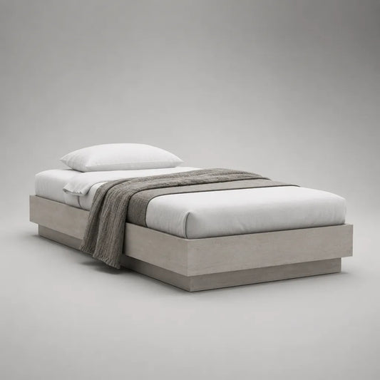 Bettgestell 160 × 200 cm aus melaminbeschichteter Spanplatte, Betongrau/Grau, ohne Kopfteil, Außenmaß 206 × 166 × 35 cm