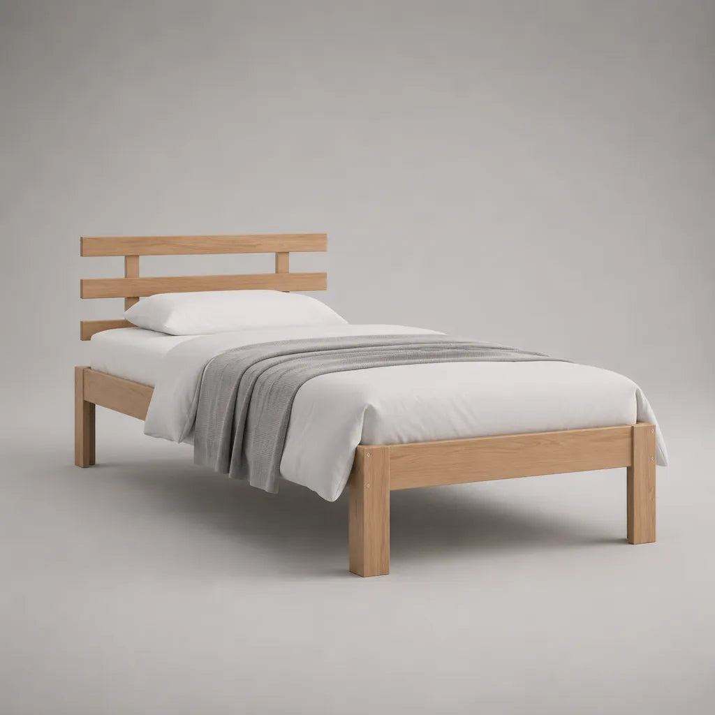 Einzelbett-Set mit Bettgestell aus massivem Kiefernholz, Matratze und Bettwaren, Natur/Weiß/Grau, Liegefläche 90 × 200 cm, Gesamtmaß 208 × 98 × 90 cm