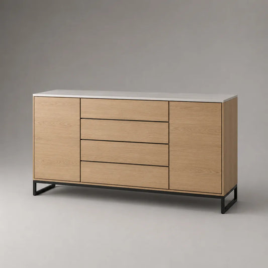 Sideboard mit 2 Türen und 4 Schubladen aus MDF mit Eichenfurnier und Stahl, Eiche Natur/Weiß/Schwarz, 160 × 40 × 80 cm