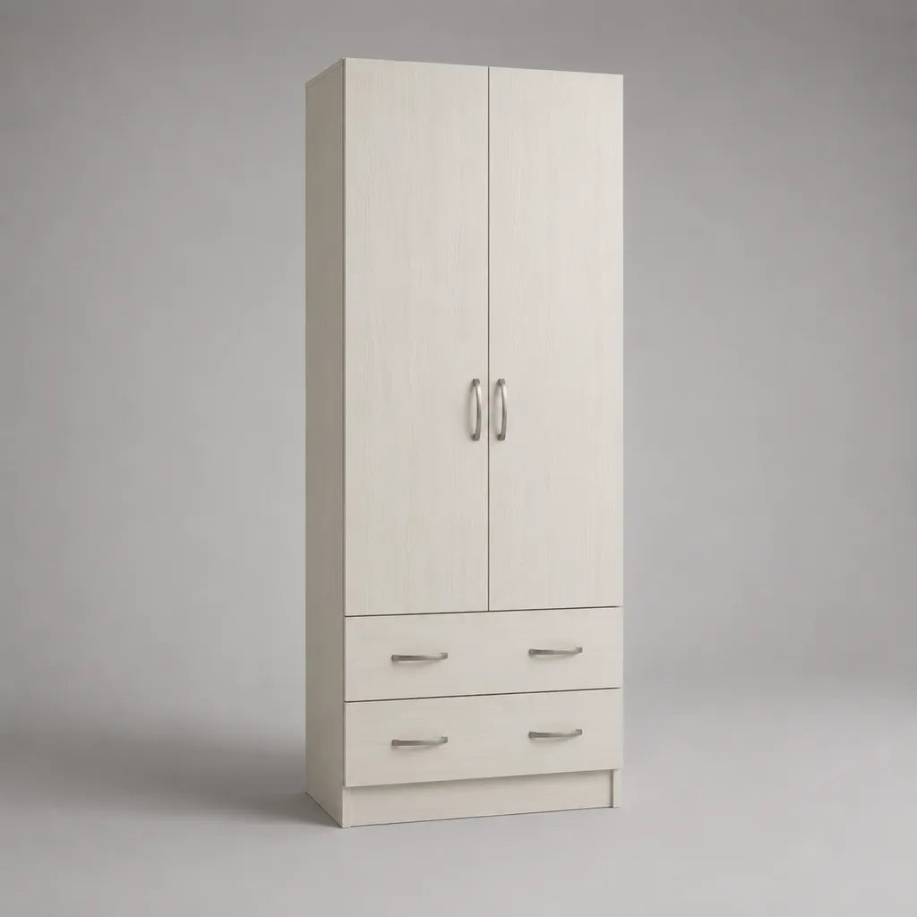 Kleiderschrank aus melaminbeschichteter Spanplatte mit 2 Türen und 2 Schubladen, Weiß/Silber, 80 × 50 × 180 cm