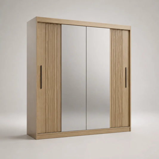 Schwebetürenschrank mit Spiegel und Lamellenfront aus Spanplatte und MDF, Eiche Natur, Schwarz und Silber, 200 × 60 × 220 cm