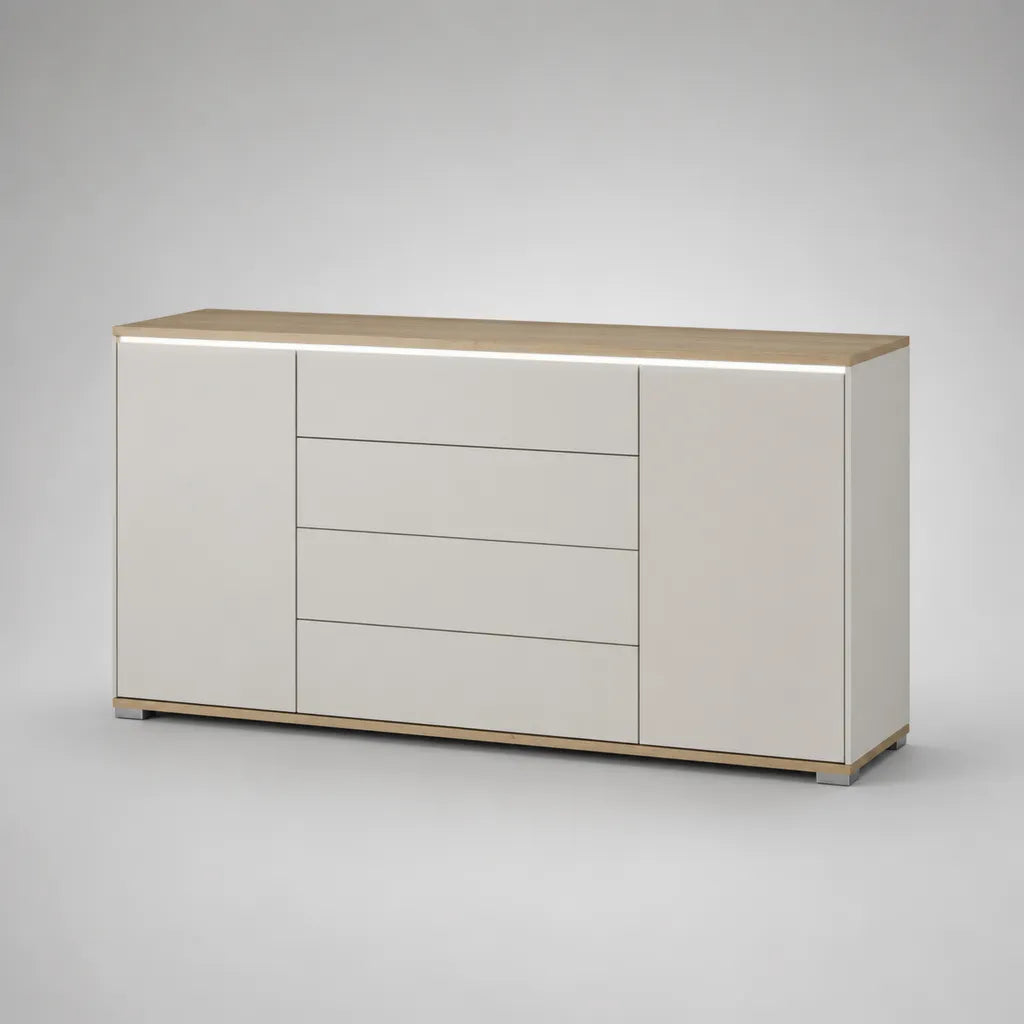 Rechteckiges Sideboard aus MDF und Spanplatte mit 2 Türen und 4 Schubladen, Weiß und Eichefarben, 180 × 40 × 85 cm