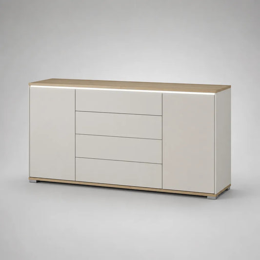 Rechteckiges Sideboard aus MDF und Spanplatte mit 2 Türen und 4 Schubladen, Weiß und Eichefarben, 180 × 40 × 85 cm