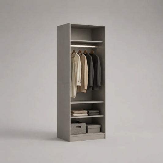 Offener Kleiderschrank aus melaminbeschichteter Spanplatte mit Kleiderstange und 4 Ablageböden, Grau, 80 × 50 × 200 cm