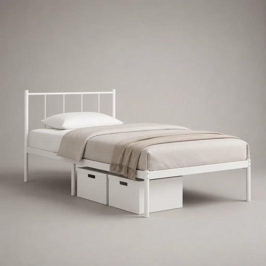 Metallbett Einzelbett aus pulverbeschichtetem Stahl, Weiß, Liegefläche 90 × 200 cm, Außenmaß ca. 208 × 96 × 90 cm