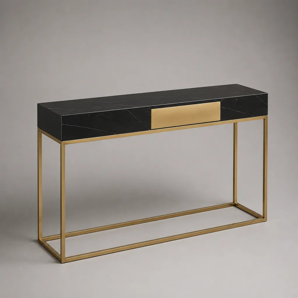 Konsolentisch aus MDF mit Stahlgestell und 3 Schubladen, Schwarz und Gold, 120 x 35 x 80 cm