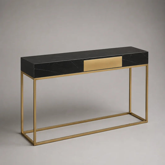 Konsolentisch aus MDF mit Stahlgestell und 3 Schubladen, Schwarz und Gold, 120 x 35 x 80 cm