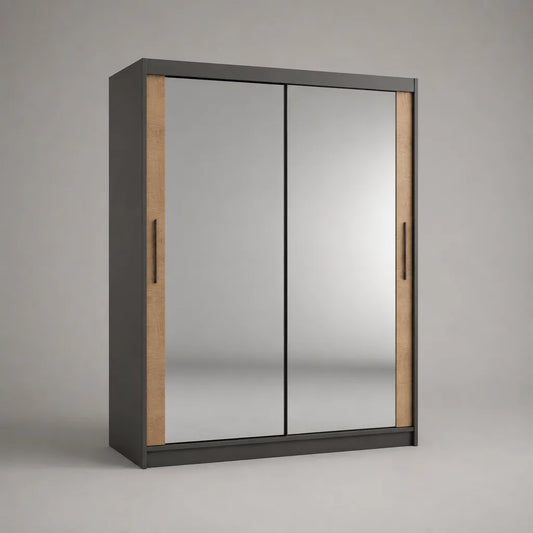 2-türiger Schwebetürenschrank mit Spiegel aus melaminbeschichteter Holzspanplatte, Anthrazit/Eichefarben/Silber, 180 × 62 × 215 cm