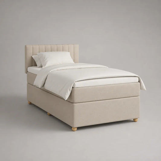 Boxspringbett 90 × 200 cm, Gesamtmaß 100 × 210 × 110 cm, mit Matratze und Topper, Polyesterbezug, Beige