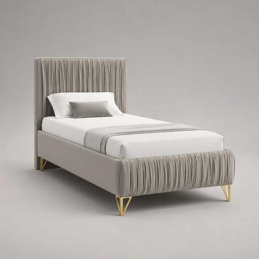 Polsterbett Einzelbett 90 × 200 cm mit gerafftem Polyester-Samtbezug und Stahlfüßen, Grau/Goldfarben